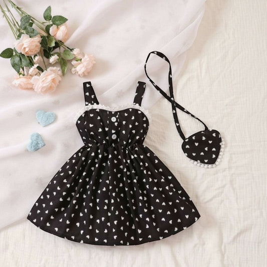 The Nile Luxuries girls' black sundress with white heart print, lace trim, and matching purse. Sleeveless with adjustable straps.