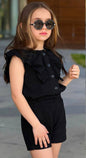 The Nile Luxuries girls' black cotton gauze ruffled button-front top and elastic waist shorts set.