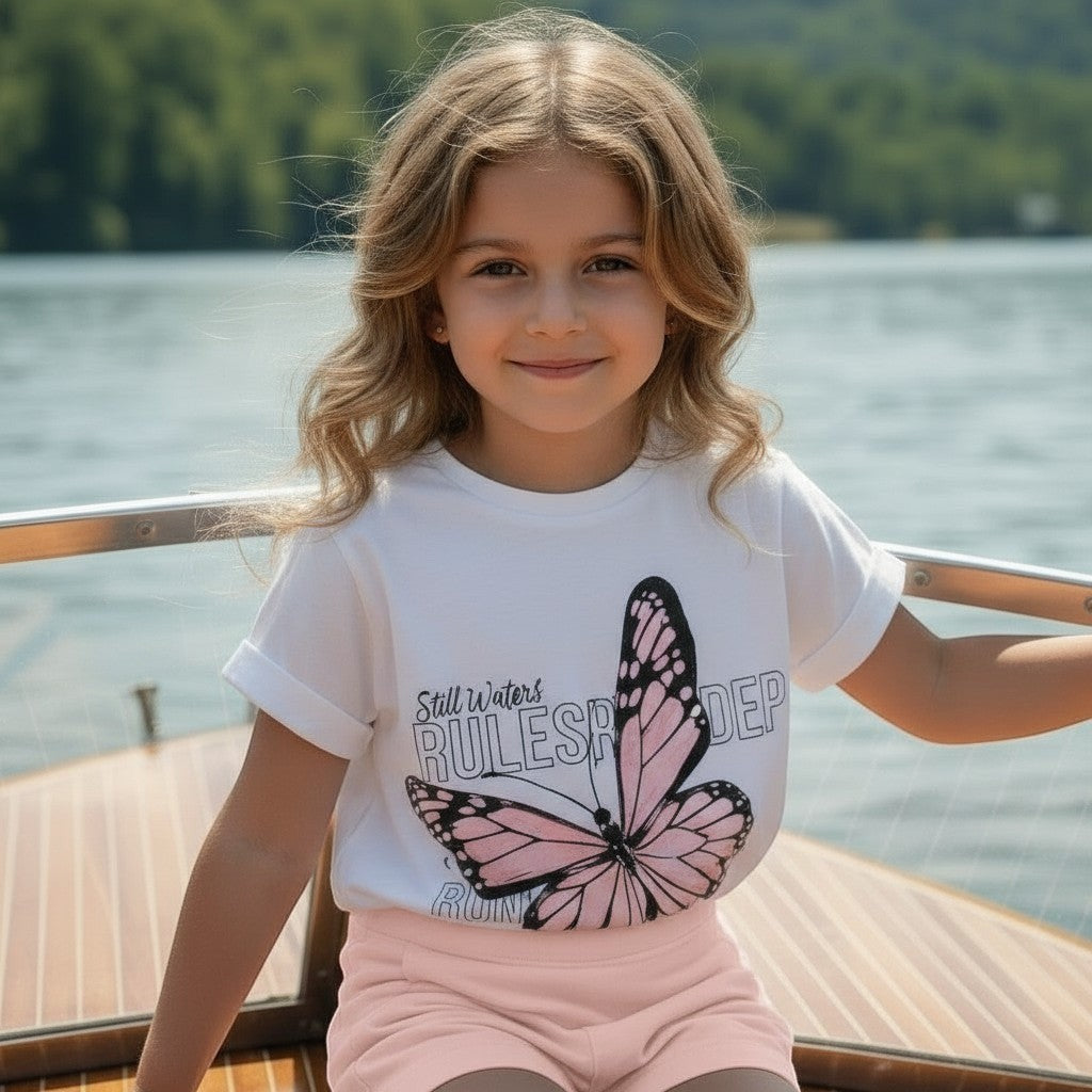 The Nile Luxuries girls white cotton t-shirt with pink butterfly graphic and pink shorts. Elastic waistband.