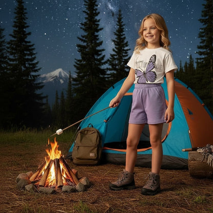 The Nile Luxuries girls' white t-shirt with purple butterfly graphic and lavender shorts set, perfect for camping.