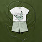 The Nile Luxuries girls white t-shirt with butterfly graphic and light green shorts set. Cotton blend.