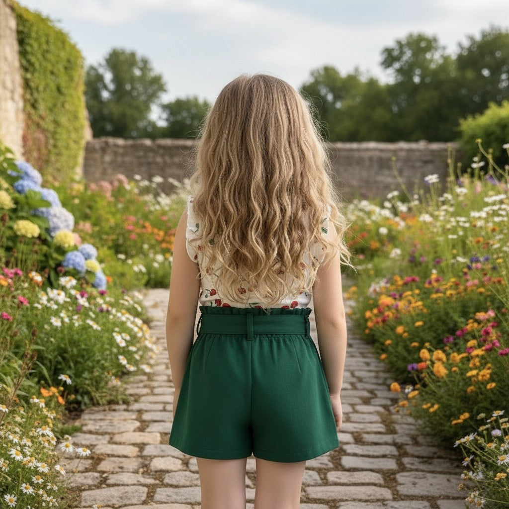 The Nile Luxuries Girls white cherry print top with ruffled sleeves and green paperbag shorts set.