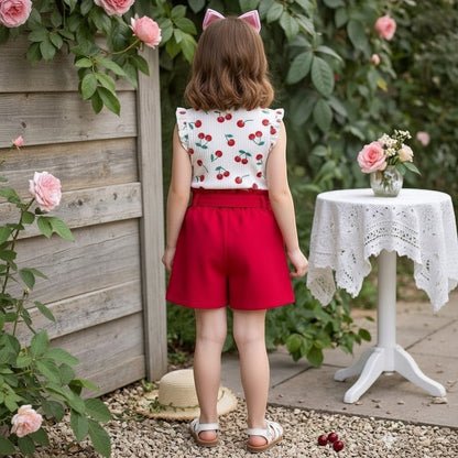 The Nile Luxuries girls' white cherry print top with ruffled sleeves and red paperbag shorts with tie belt.