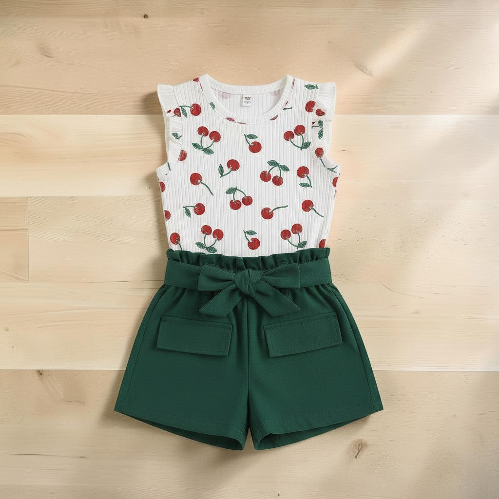 The Nile Luxuries girls' white ribbed top with cherry print & ruffled sleeves, paired with green paperbag waist shorts.