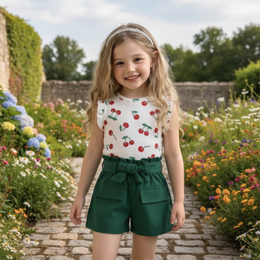 The Nile Luxuries girls' white cherry print top with ruffled sleeves and green paperbag shorts with tie belt.