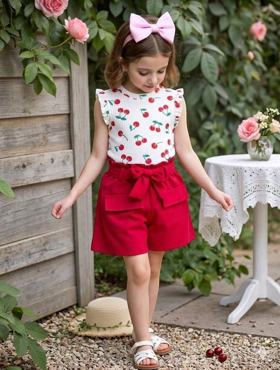 The Nile Luxuries Girls white cherry print top with ruffled sleeves and red paperbag shorts with tie belt.