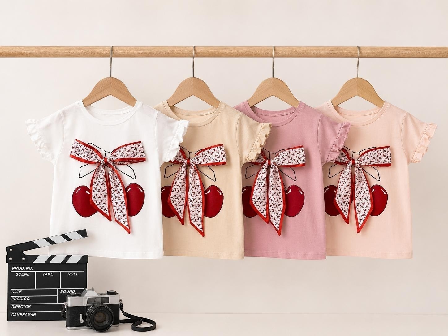 The Nile Luxuries girls' short sleeve cotton t-shirt with cherry print and floral bow detail. Available in pastel colors.
