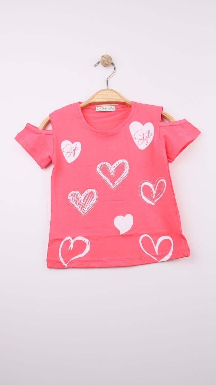 The Nile Luxuries girls' coral pink cotton t-shirt with cold shoulder cut and white heart prints.