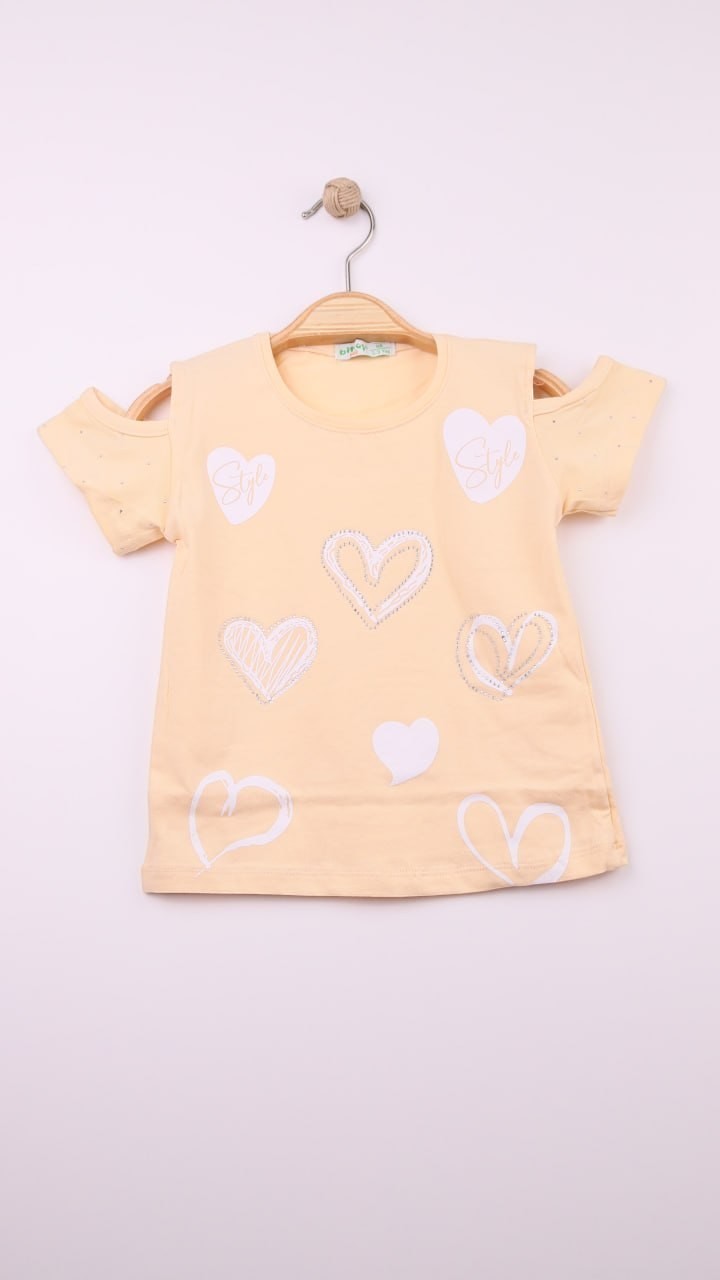 The Nile Luxuries girls pastel yellow cold-shoulder t-shirt with assorted heart prints and subtle sparkle detail.