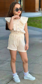 The Nile Luxuries girls' cream cotton gauze ruffled button-front top and elasticated shorts set.