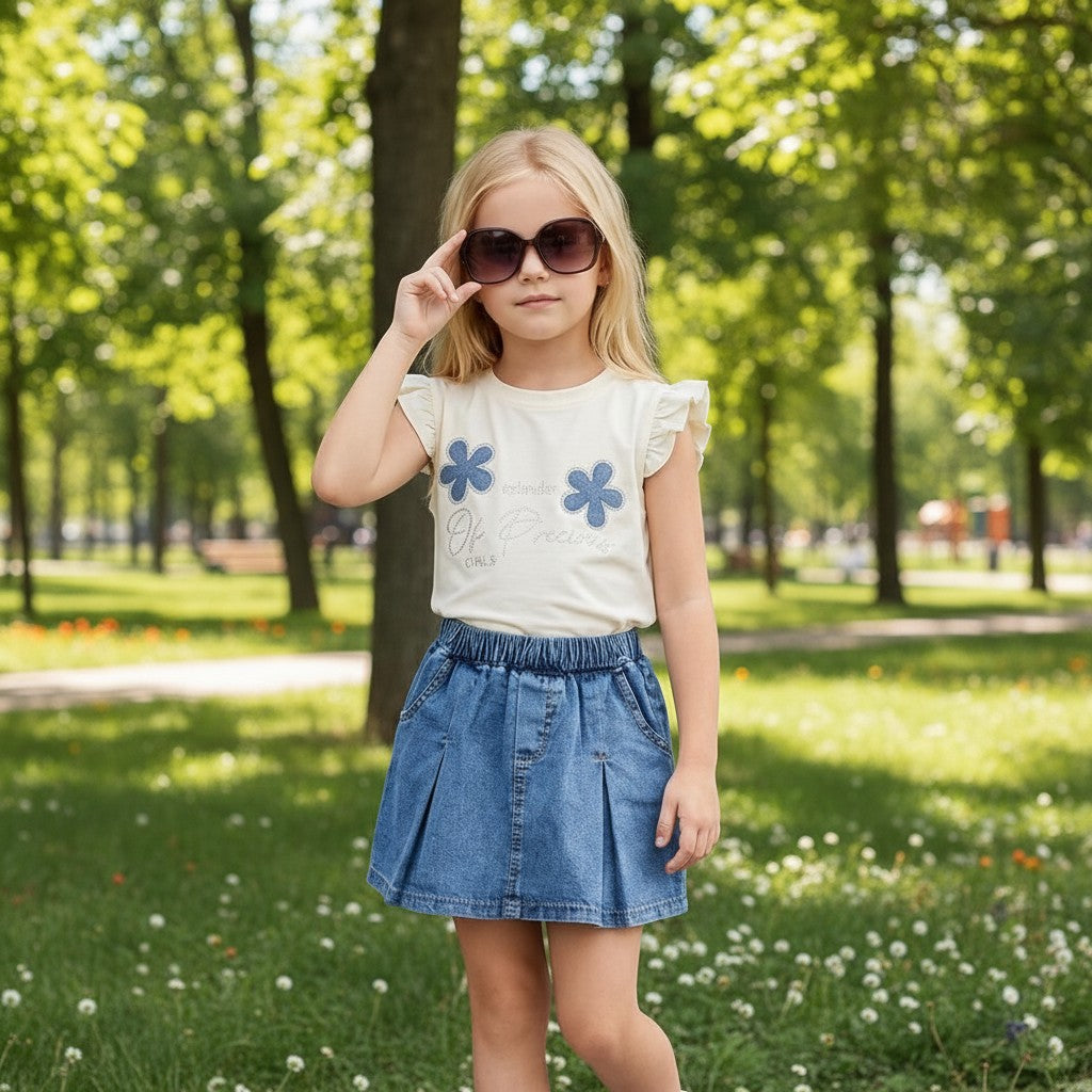 The Nile Luxuries girls' cream graphic tee with floral appliques and blue denim pleated skirt set.