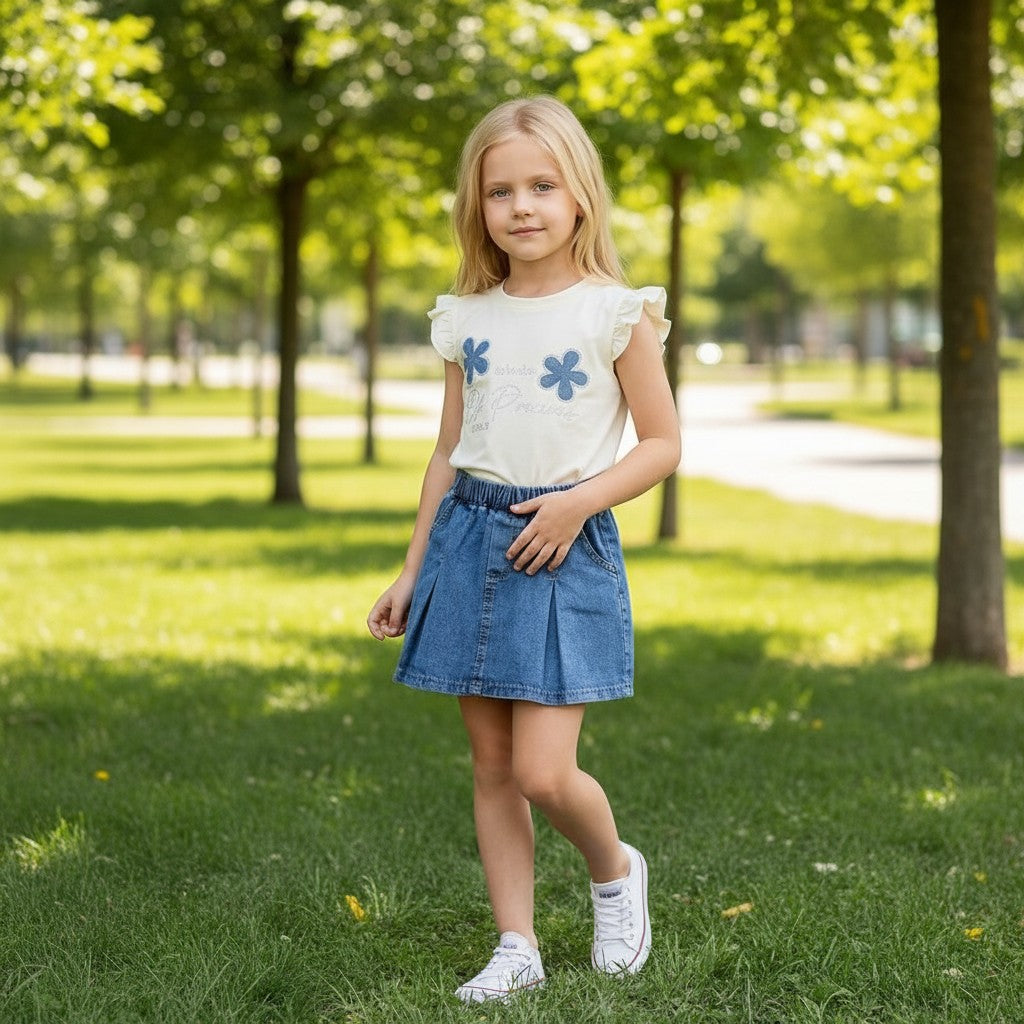 The Nile Luxuries girls' cream graphic tee with floral appliques and blue denim pleated skirt set.