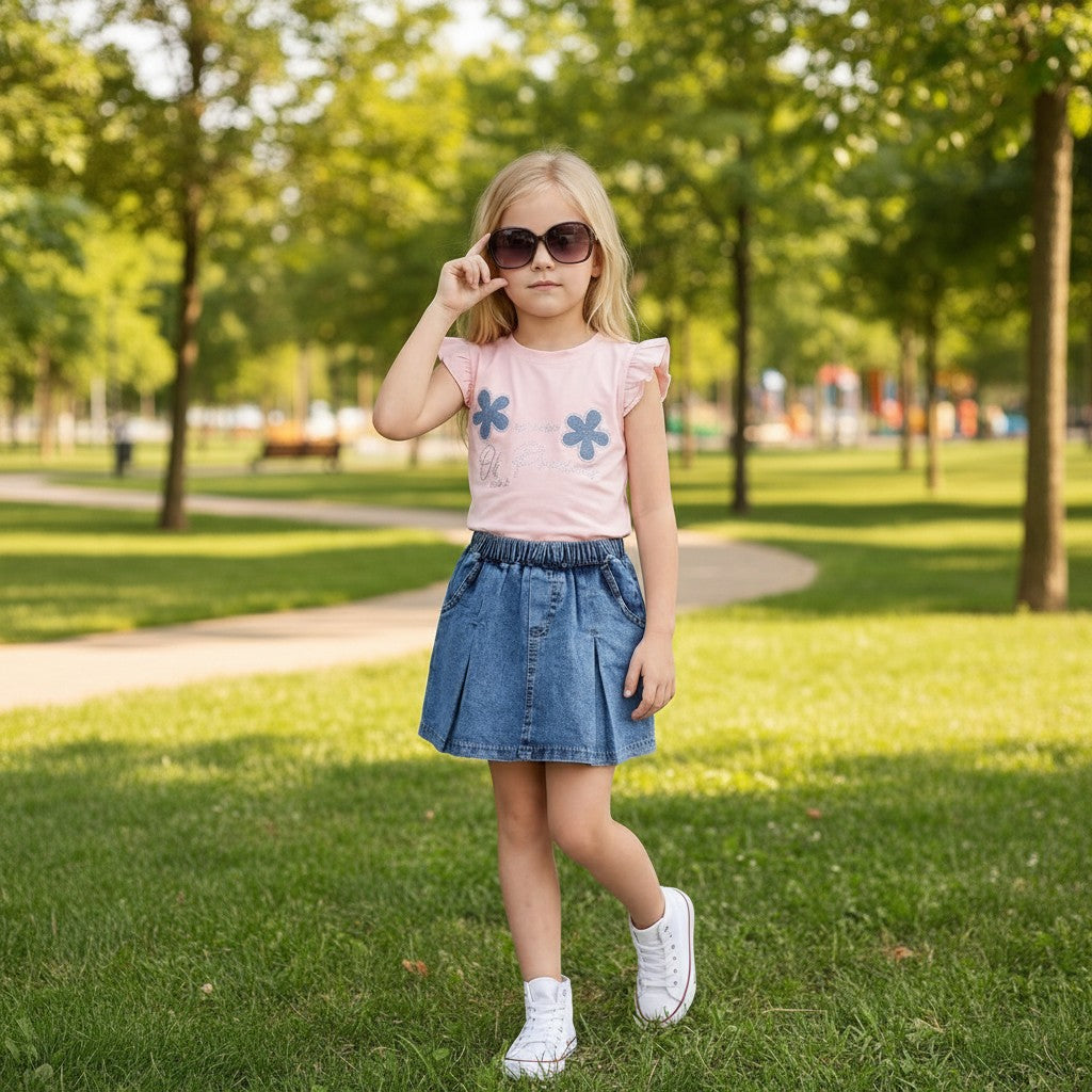 The Nile Luxuries Girls pink graphic tee with floral appliques and blue denim pleated skirt set.