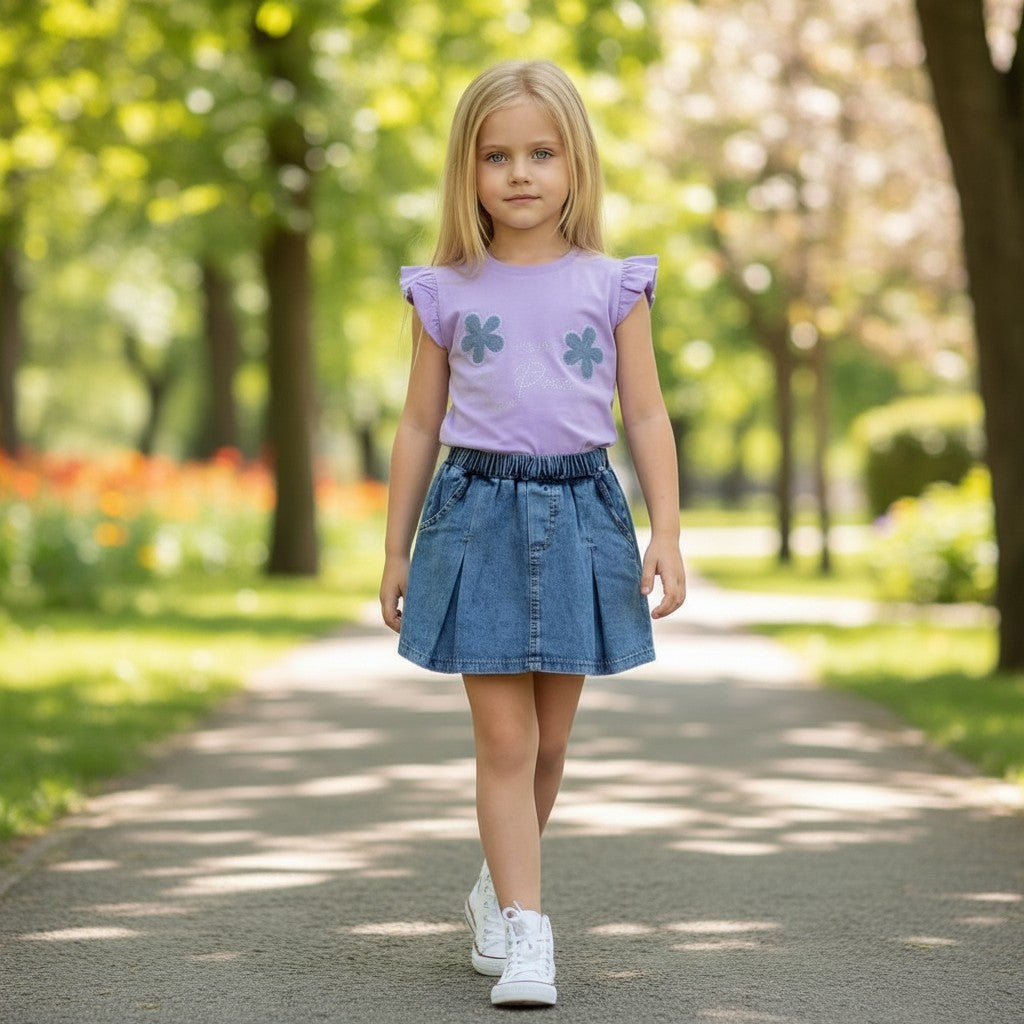 The Nile Luxuries Girls denim skirt and lavender graphic tee set with floral appliques and flutter sleeves.