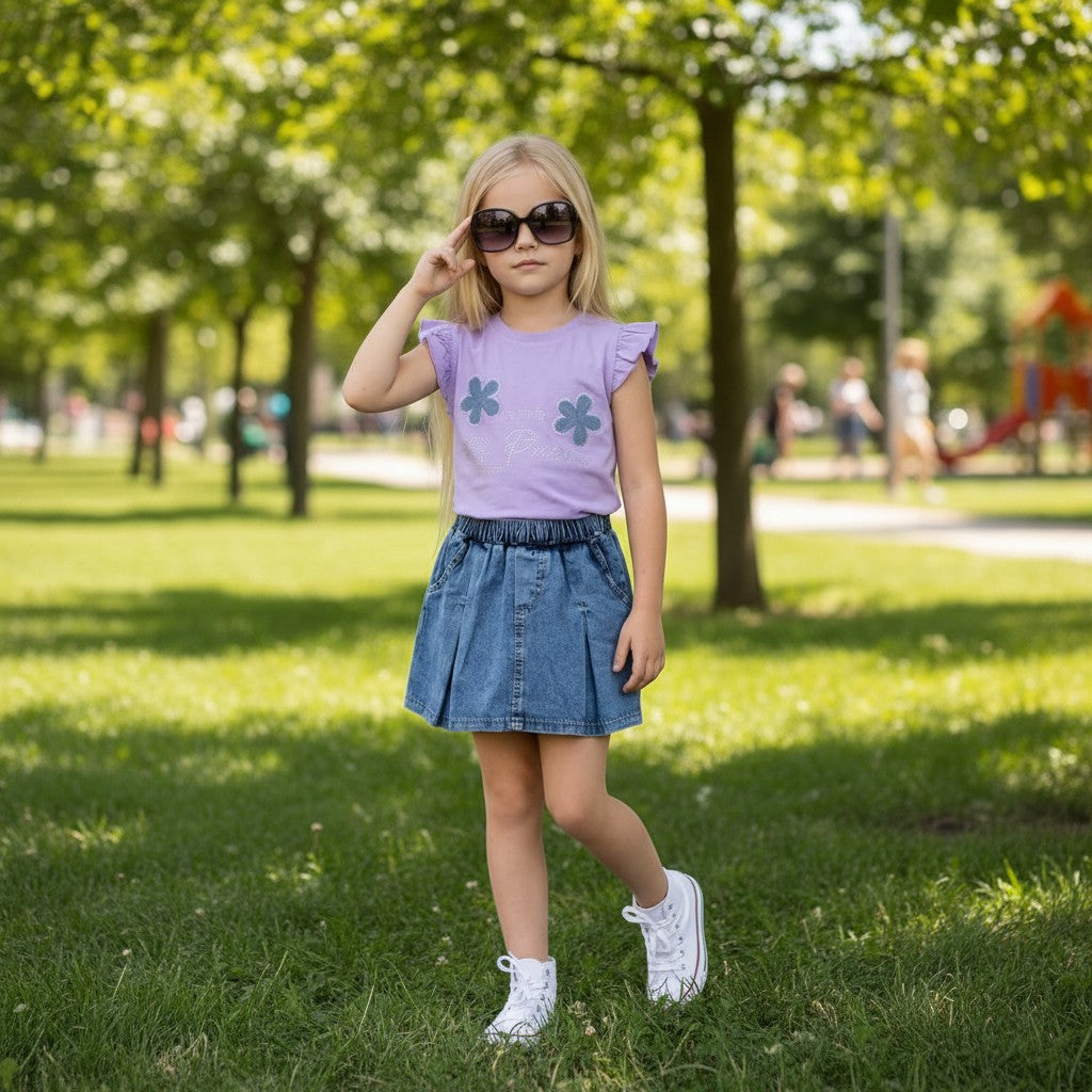 The Nile Luxuries Girls' lavender graphic tee with floral appliques and denim pleated skirt set.