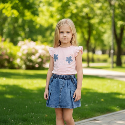 The Nile Luxuries girls' pink graphic tee with floral appliques and blue denim pleated skirt set.