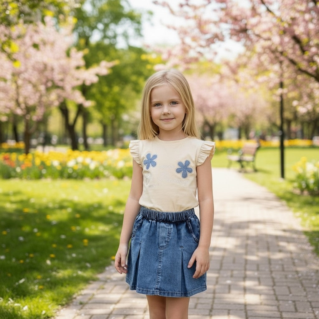 The Nile Luxuries girls' cream graphic tee with floral appliques and blue denim pleated skirt set.