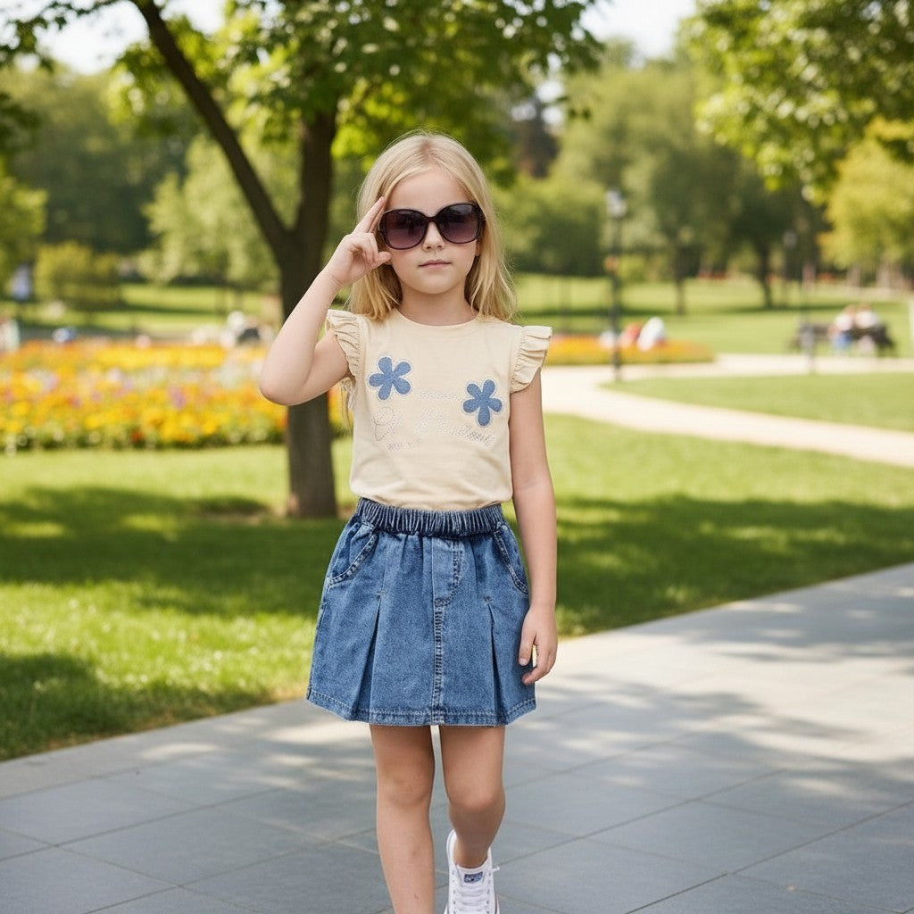 The Nile Luxuries Girls Denim Skirt and T-shirt Set. Cream tee with floral appliques, blue pleated denim skirt with elastic waist.
