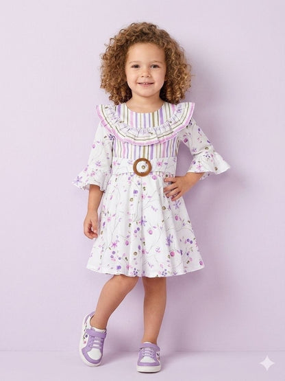 The Nile Luxuries Girls floral print dress with ruffle collar, bell sleeves, and wooden buckle belt. White with purple floral print.