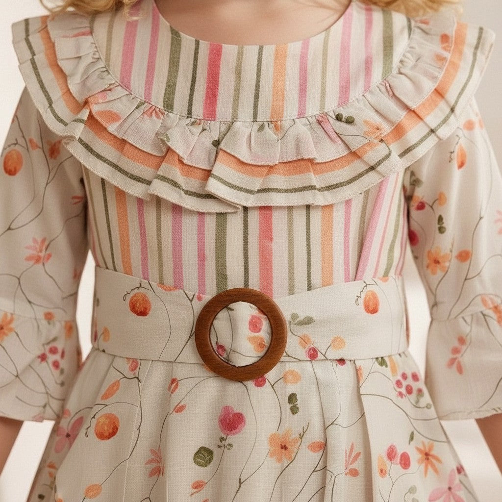 The Nile Luxuries Girls Ruffled Floral Print Belted Dress with flared sleeves and striped bodice.