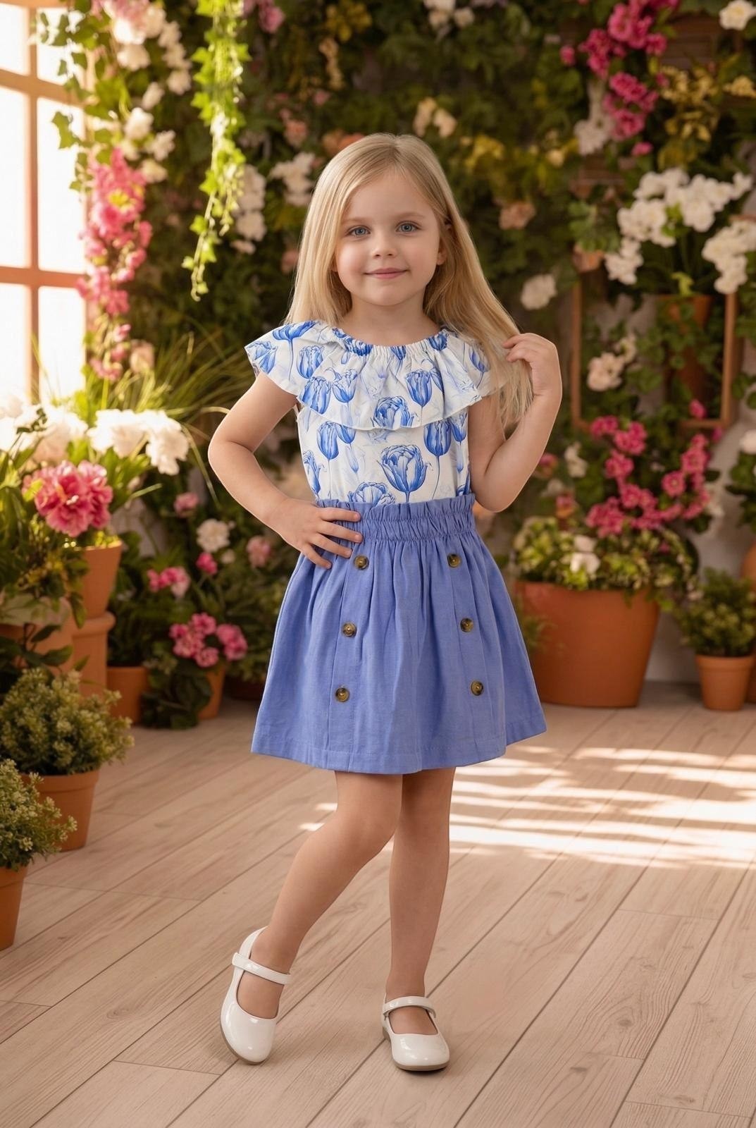 The Nile Luxuries Girls blue floral print ruffle top and button skirt set with white shoes