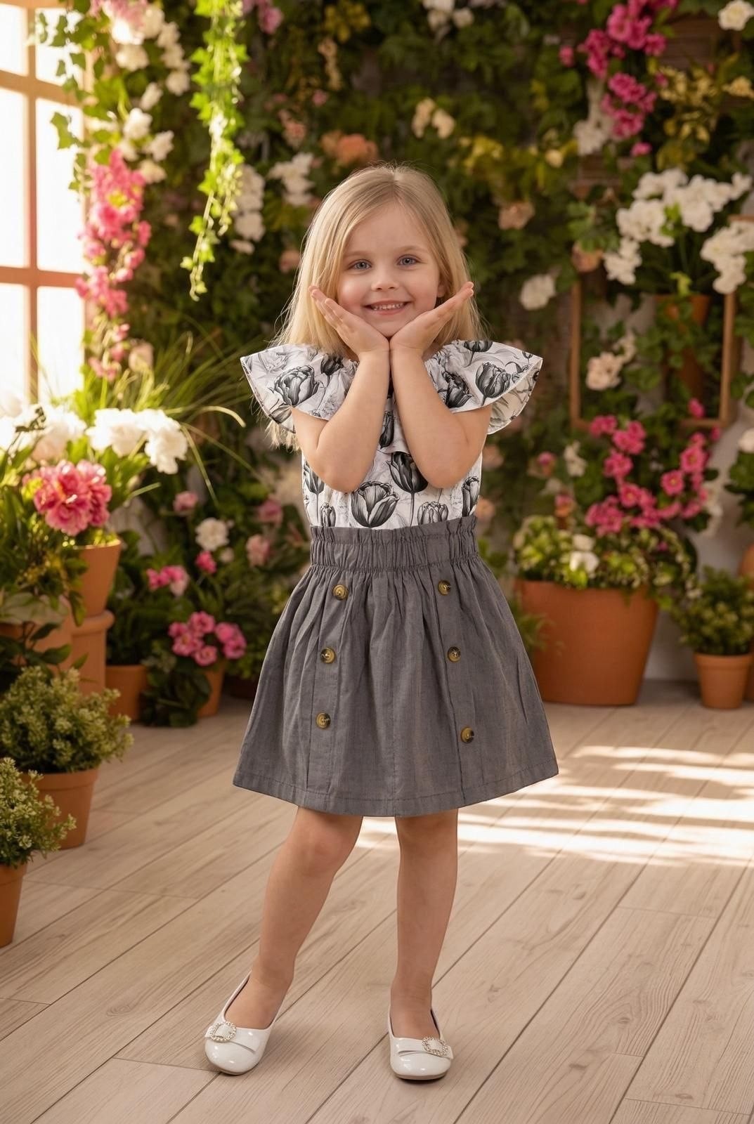 The Nile Luxuries girls' grey skirt with buttons and floral print top with ruffled sleeves.