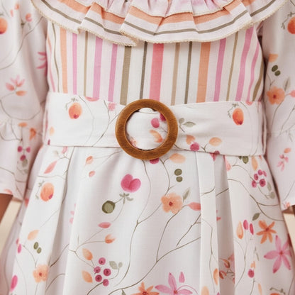 The Nile Luxuries Girls Ruffled Floral Print Belted Dress with flared sleeves and striped bodice.