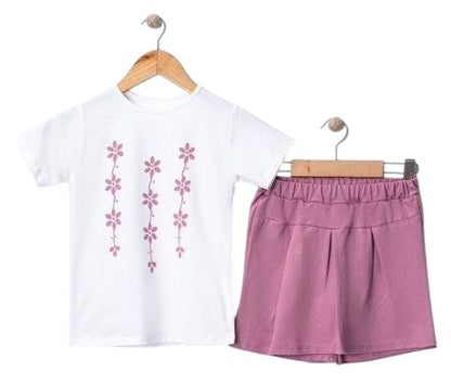 The Nile Luxuries girls' white t-shirt with pink floral print and pink pleated skirt set.