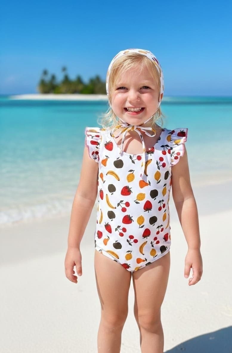 The Nile Luxuries girls white swimsuit with fruit print and ruffle sleeves, matching bonnet. Beach setting.