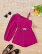 The Nile Luxuries Girls one shoulder puff sleeve romper in fuchsia with gold chain belt and shoulder detail.