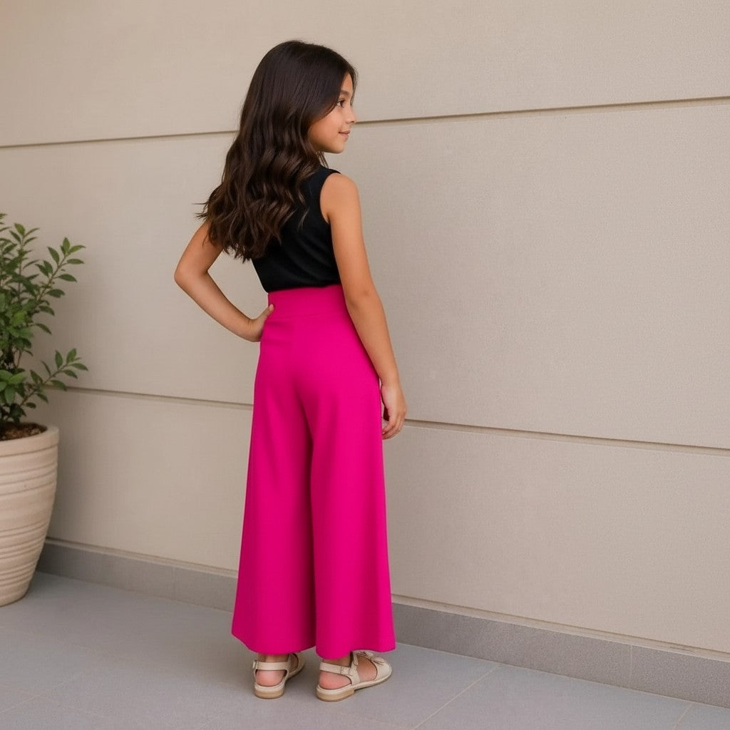 The Nile Luxuries girls fuchsia wide-leg palazzo pants with chain detail waistband and high waist.
