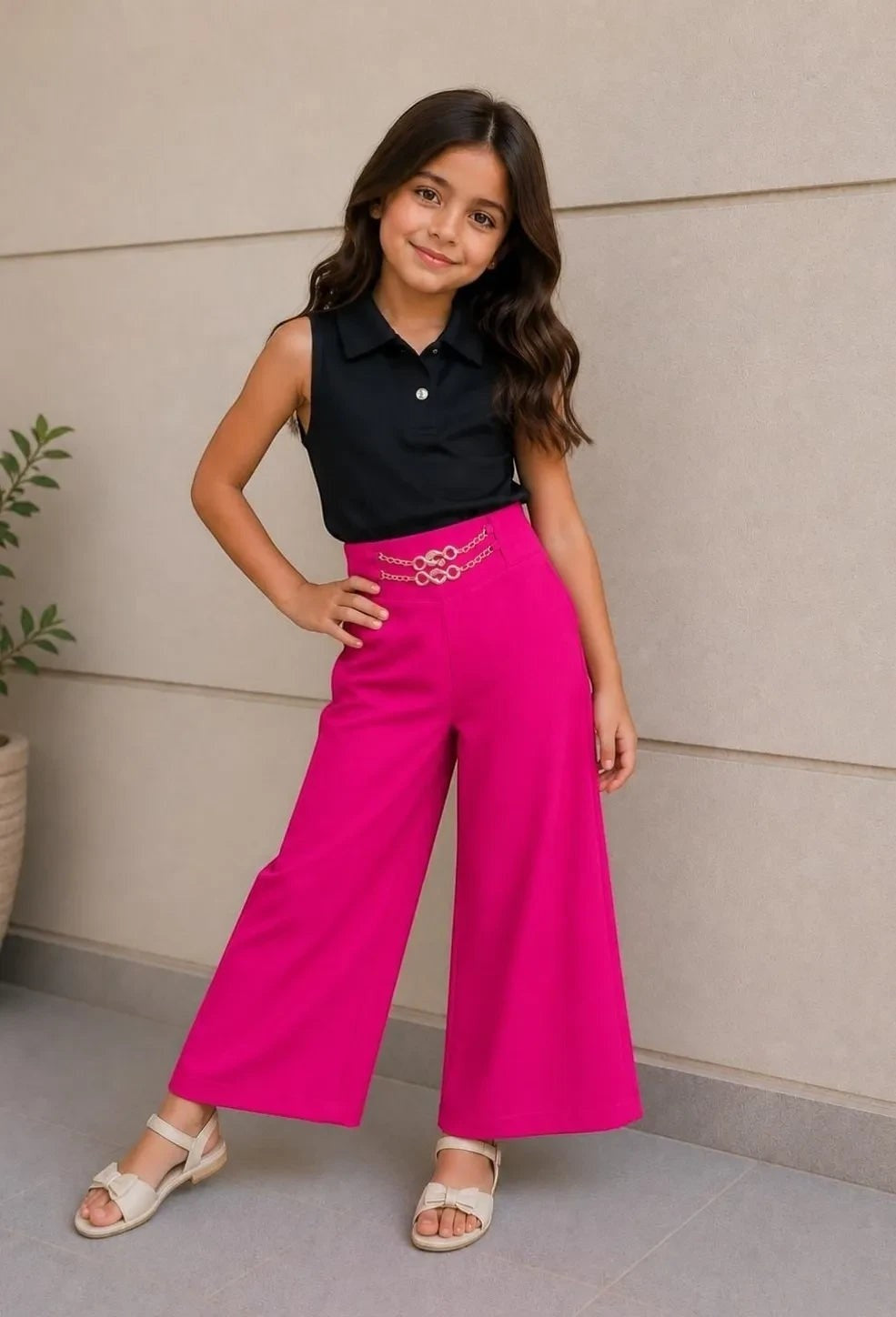 The Nile Luxuries girls fuchsia wide-leg palazzo pants with chain detail waistband and high waist.