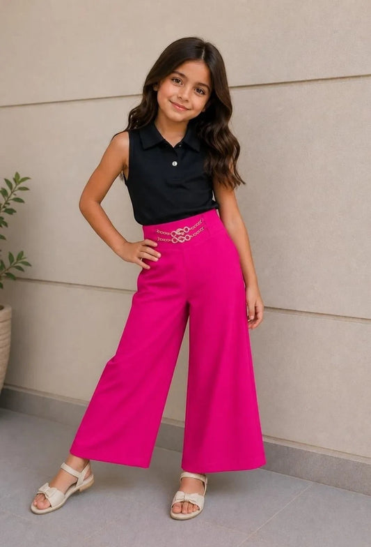 The Nile Luxuries girls fuchsia wide-leg palazzo pants with chain detail waistband and high waist.
