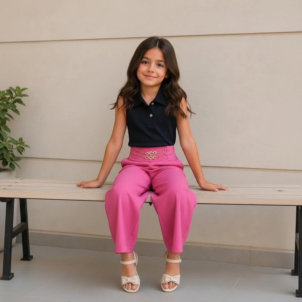 The Nile Luxuries girls fuchsia wide-leg palazzo pants with chain detail waistband and high waist.