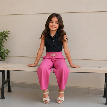 The Nile Luxuries girls fuchsia wide-leg palazzo pants with chain detail waistband and high waist.