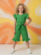 The Nile Luxuries girls green ruffled sleeve jumpsuit with wooden buttons and tie belt.