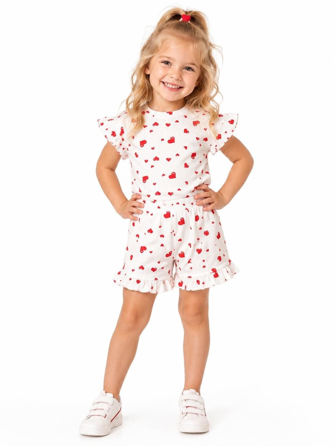 The Nile Luxuries girls' ivory ribbed knit set with red hearts, ruffled sleeves, and ruffled shorts.