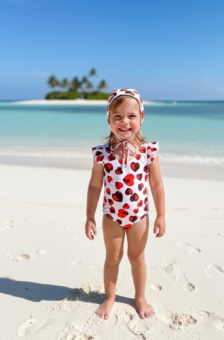 The Nile Luxuries girls white swimsuit with red hearts and ruffle sleeves, matching bonnet. Beach setting.