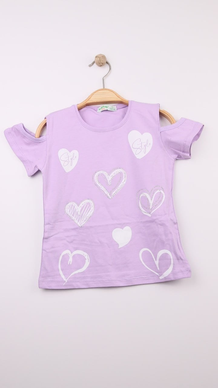 The Nile Luxuries Girls lavender cotton t-shirt with cold shoulder cut and white heart prints.