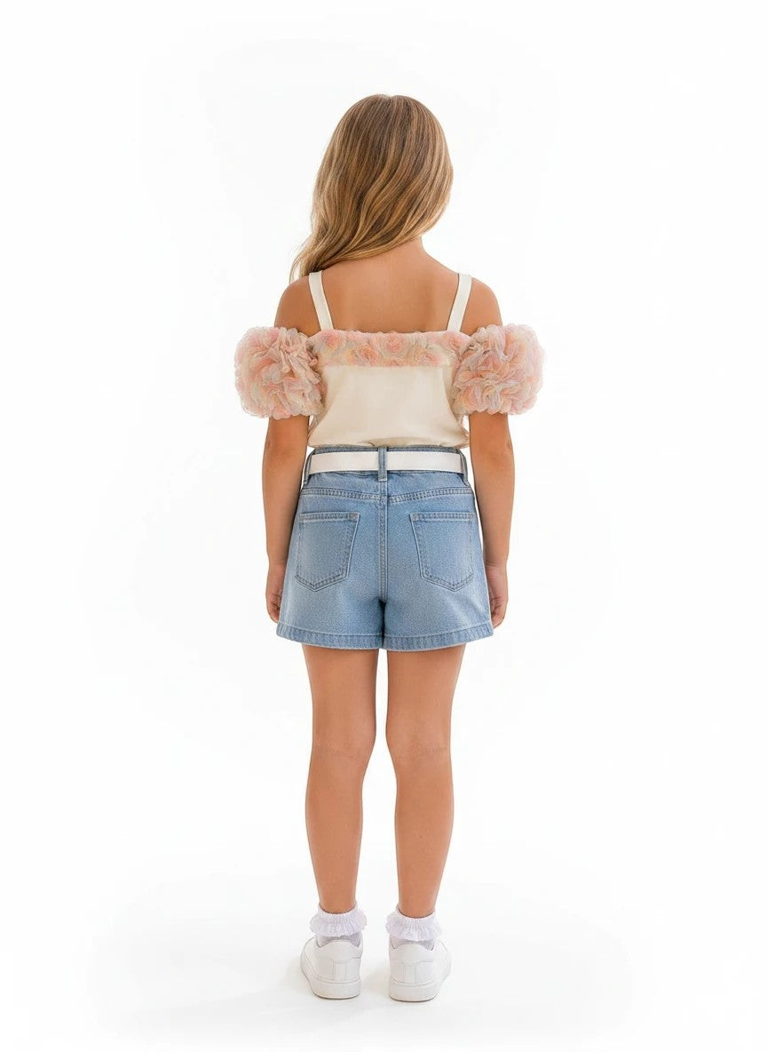 The Nile Luxuries Girls Off-Shoulder Embellished Top and Light Wash Denim Shorts Set