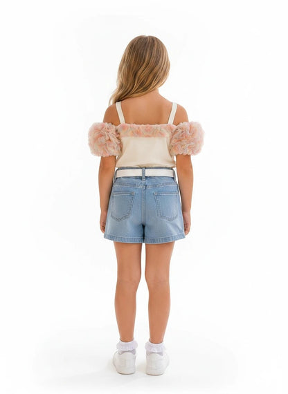 The Nile Luxuries Girls Off-Shoulder Embellished Top and Light Wash Denim Shorts Set