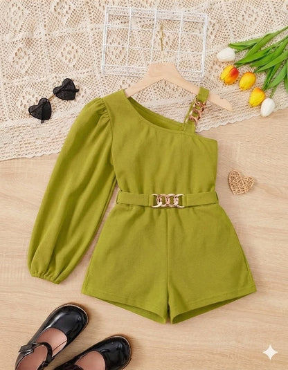 The Nile Luxuries Girls one shoulder puff sleeve romper in lime green with gold chain belt detail.