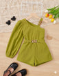 The Nile Luxuries Girls one shoulder puff sleeve romper in lime green with gold chain belt detail.