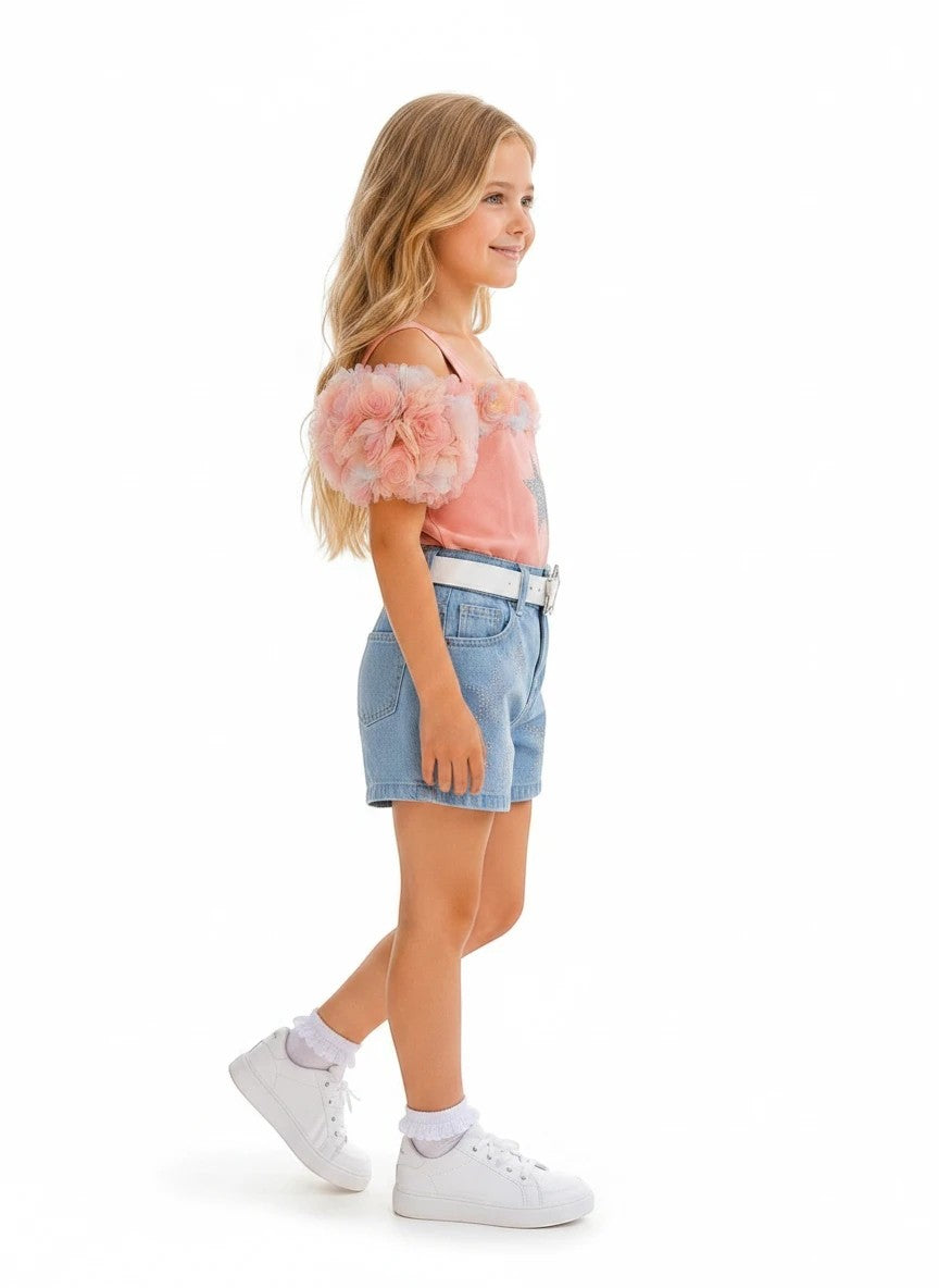 The Nile Luxuries girls' peach off-shoulder top with floral embellishments and light-wash denim shorts with star details.
