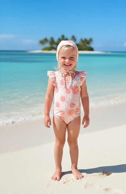 The Nile Luxuries girls' peach and daisy print swimsuit with ruffle sleeves and matching bonnet.