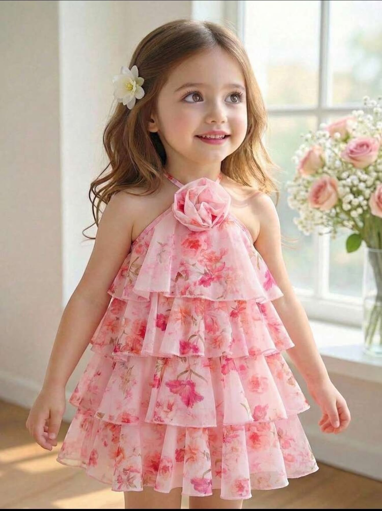 The Nile Luxuries girls' pink floral chiffon tiered ruffle halter neck dress with fabric flower accent.