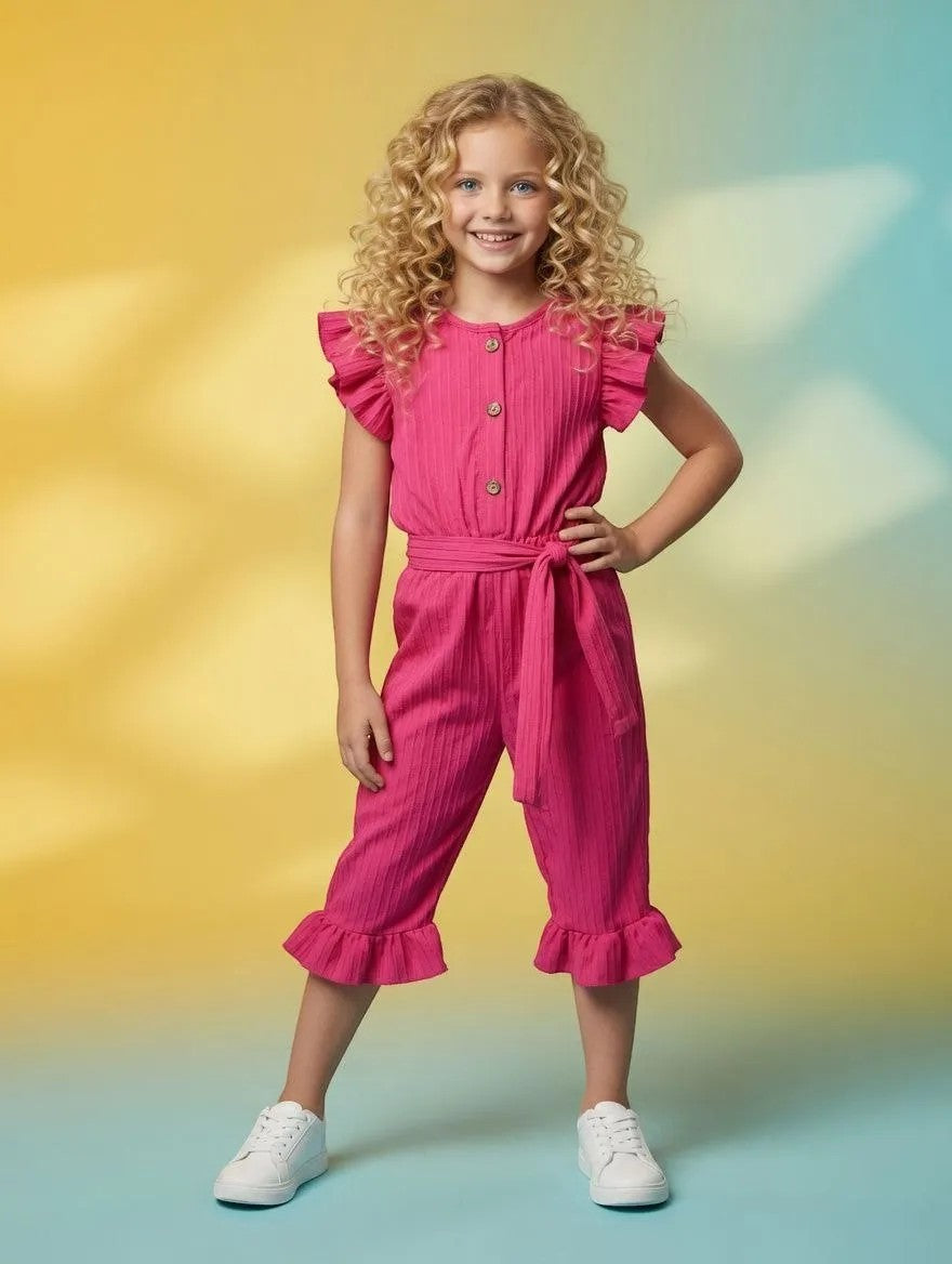 The Nile Luxuries girls' bright pink ruffled sleeve jumpsuit with wooden buttons and ruffled hem culotte legs.