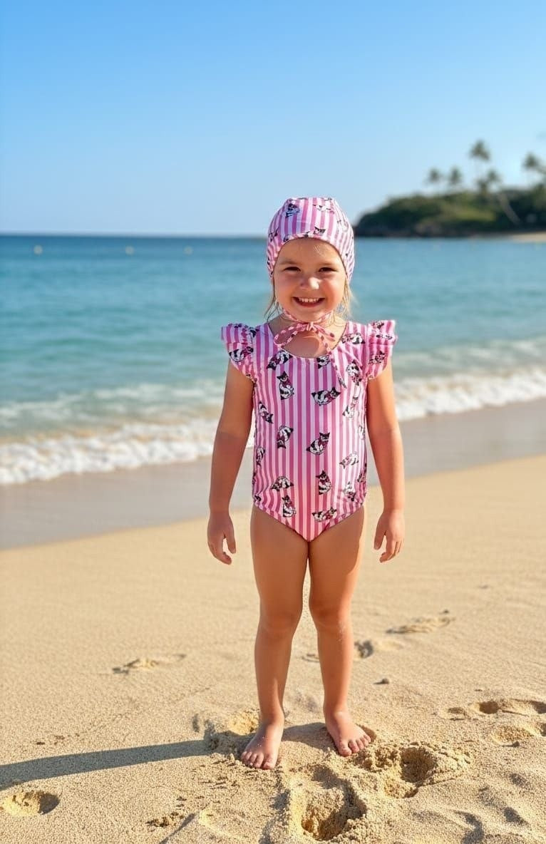 The Nile Luxuries girls pink striped swimsuit with ruffle sleeves and matching bonnet featuring a playful cat print.