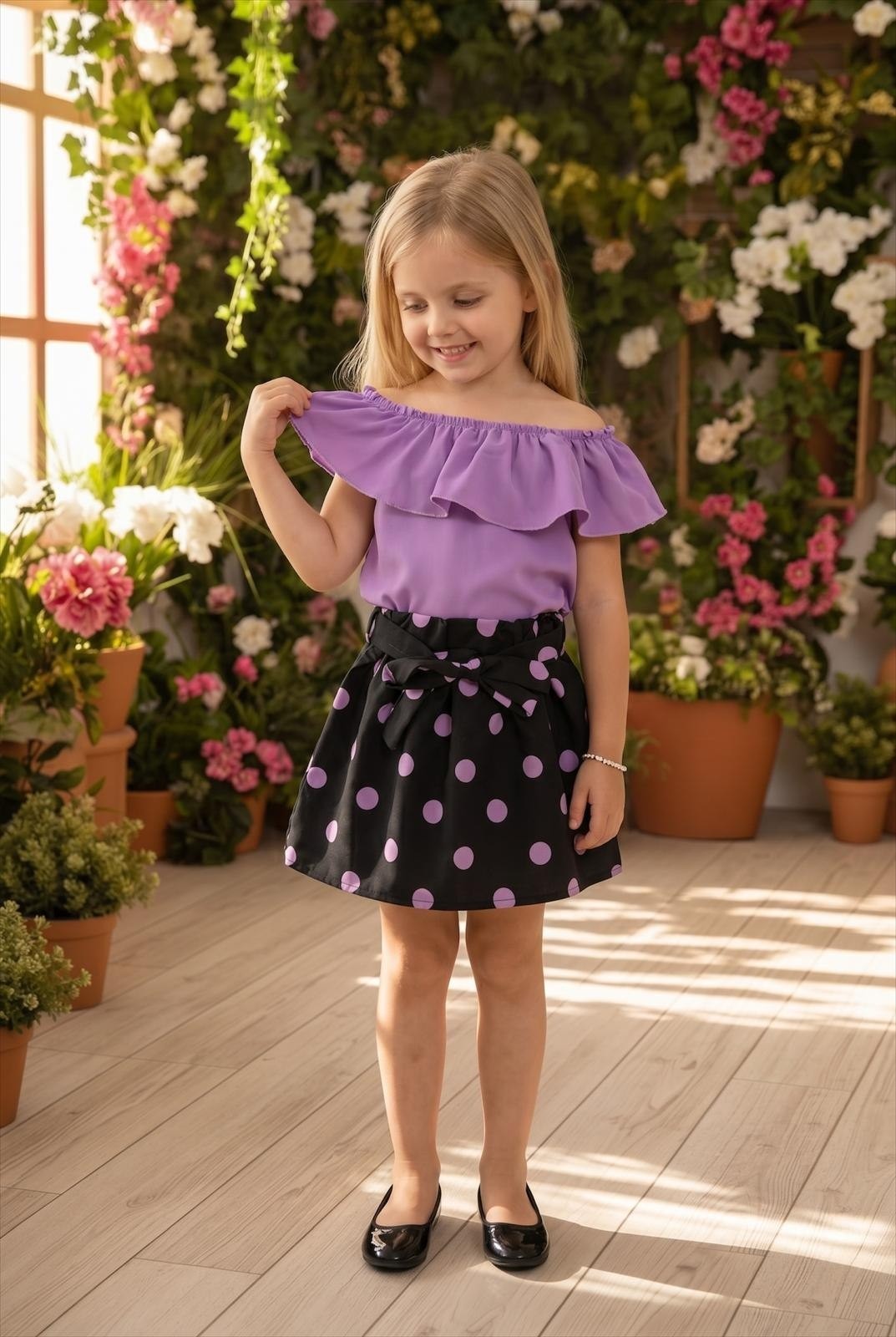 The Nile Luxuries girls' lavender off-shoulder ruffled top with black polka dot skirt and bow detail.