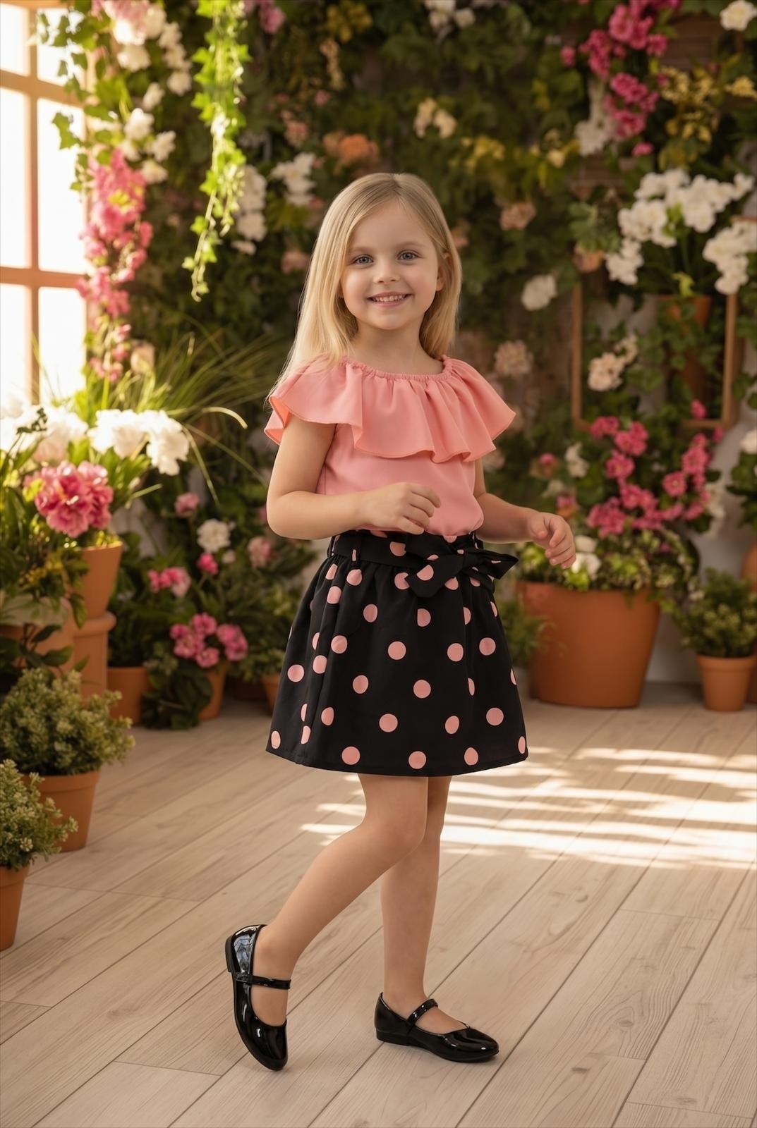The Nile Luxuries girls' pink ruffled top and black polka dot skirt set with bow detail. Comfortable fabric.